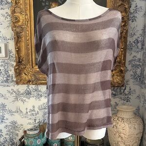 Y2K sheer knit short sleeve sweater top in gray stripe SIZE M